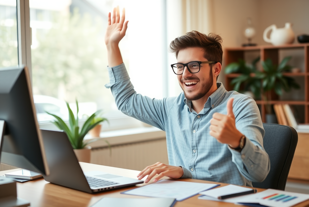 A successful freelancer celebrating while looking at financial statements