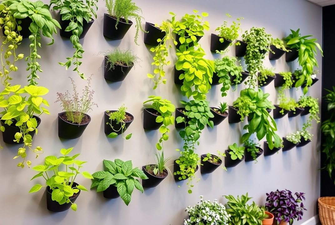 indoor wall with pocket gardens filled with herbs