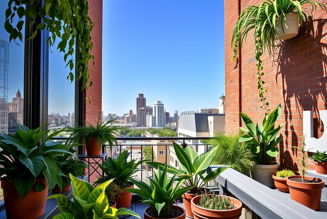 small urban balcony garden with lush plants