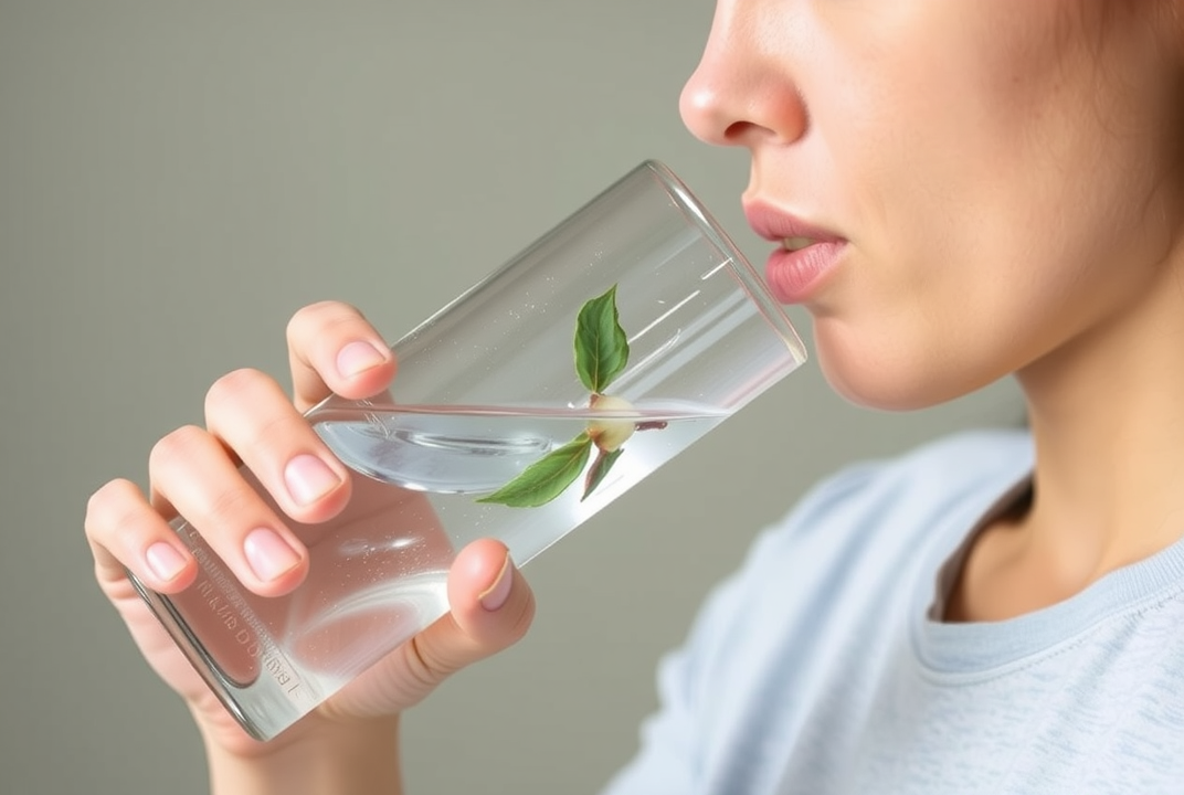Person drinking a glass of water, emphasizing hydration