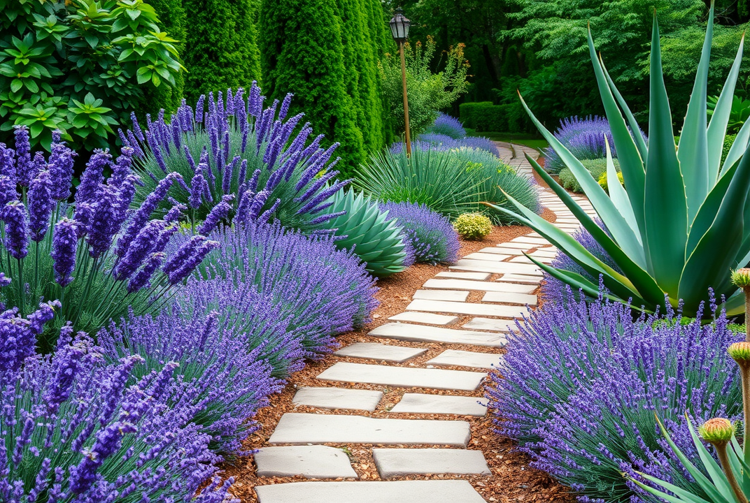 A beautiful garden pathway adorned with healing plants like Lavender and Aloe Vera