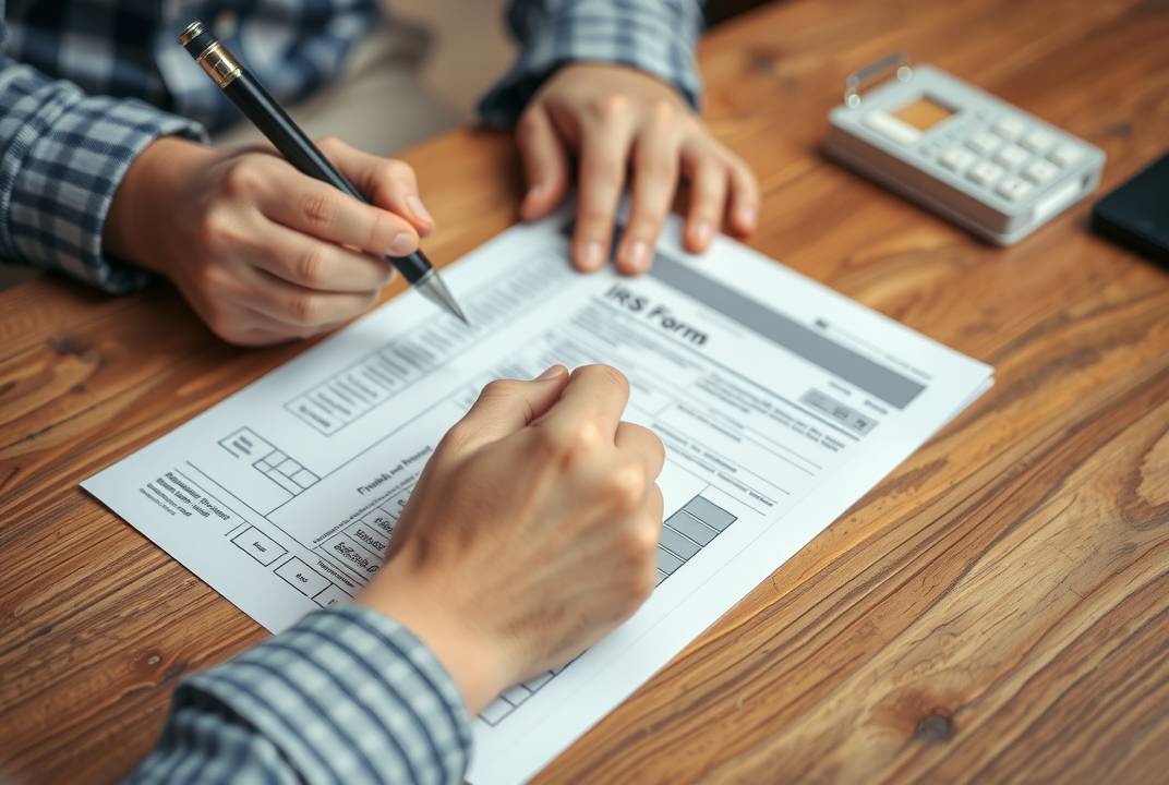 A person filling out IRS forms with determination and focus