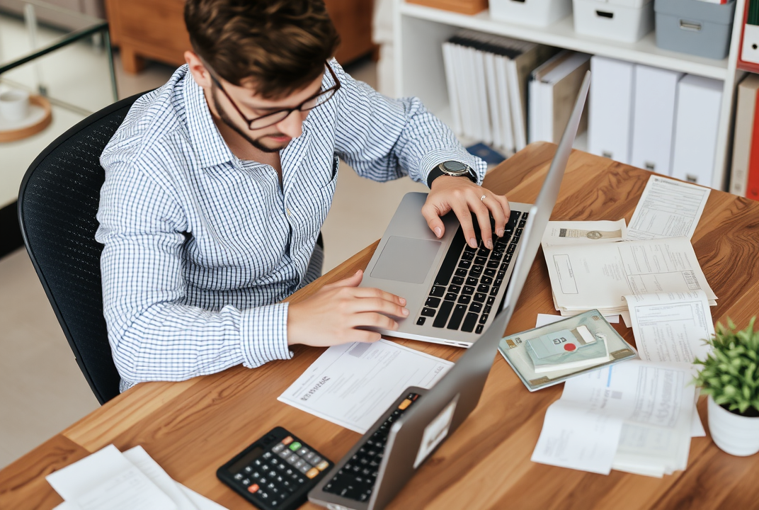 a small business owner working at a laptop surrounded by receipts and a calculator