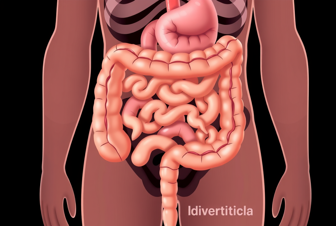 Illustration showing the digestive system with focus on the large intestine and diverticula
