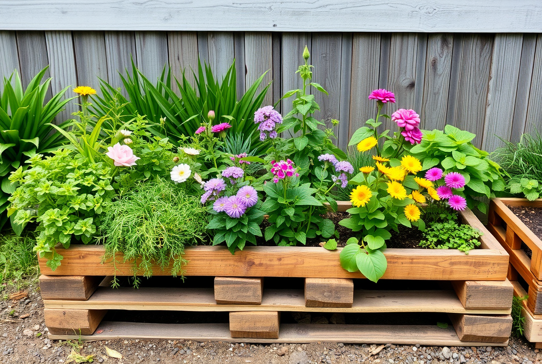 pallet garden with herbs and flowers