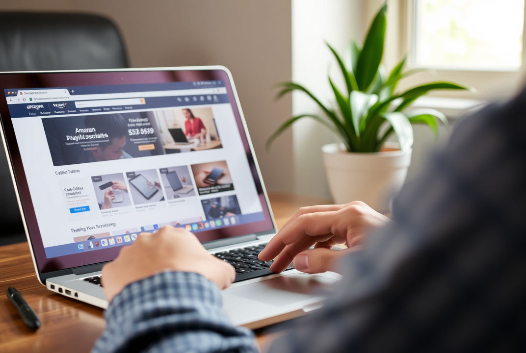 person working on a laptop, with Amazon Associates site open on screen