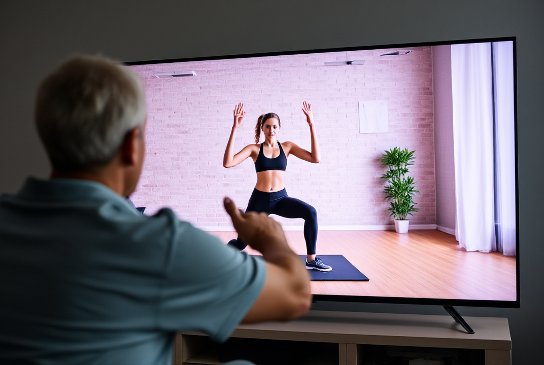 person participating in a virtual workout session on a smart TV