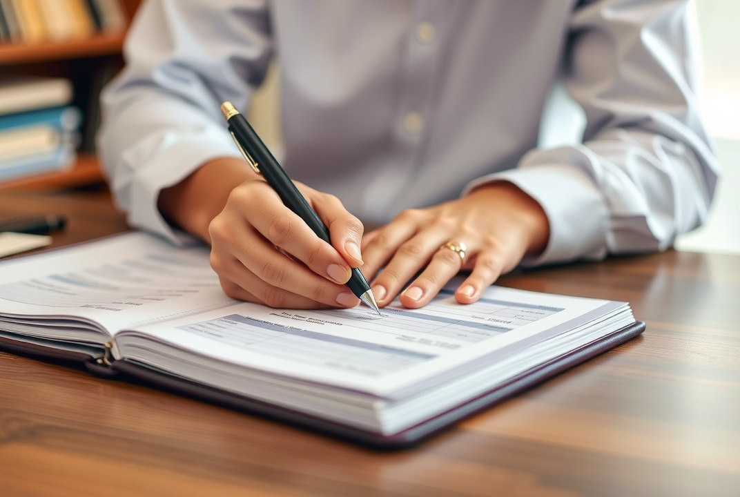 Notary carefully logging a transaction in a record book