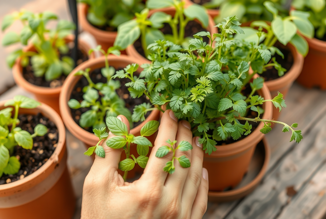 hands planting herbs in containers