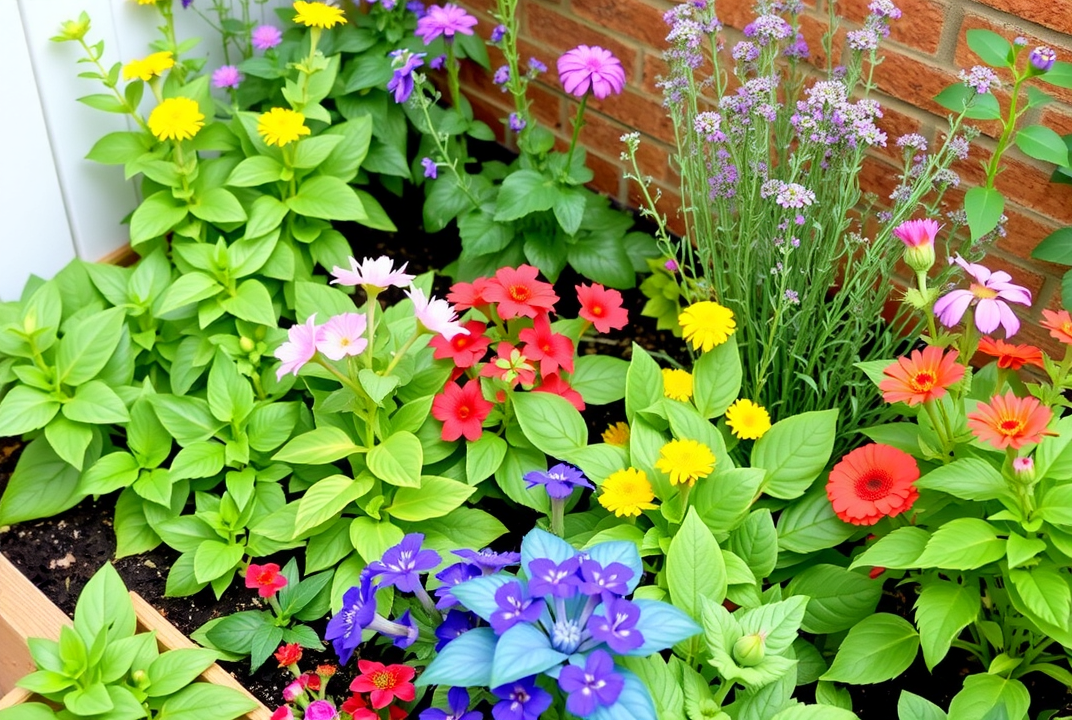 A vibrant small space garden showcasing various plant pairings used in companion planting