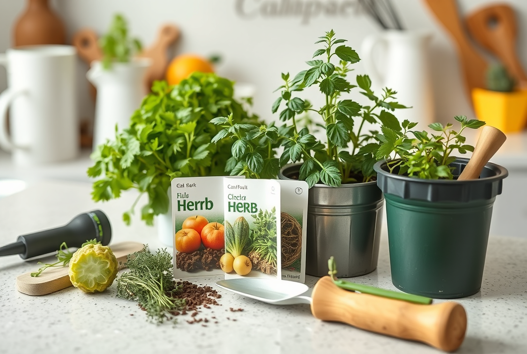 various herb seeds and gardening tools on a kitchen countertop