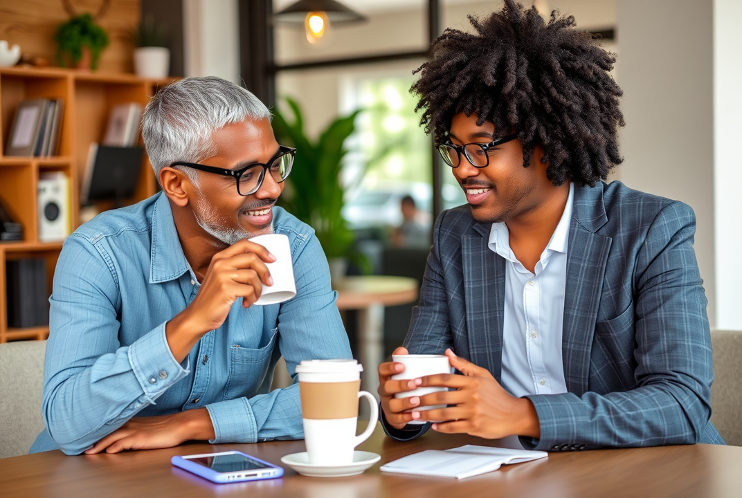 Two diverse individuals discussing their financial strategies over coffee