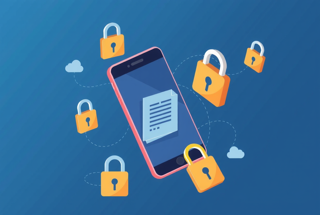 An illustration of a mobile phone accessing cloud-based documents, surrounded by locks and security symbols.