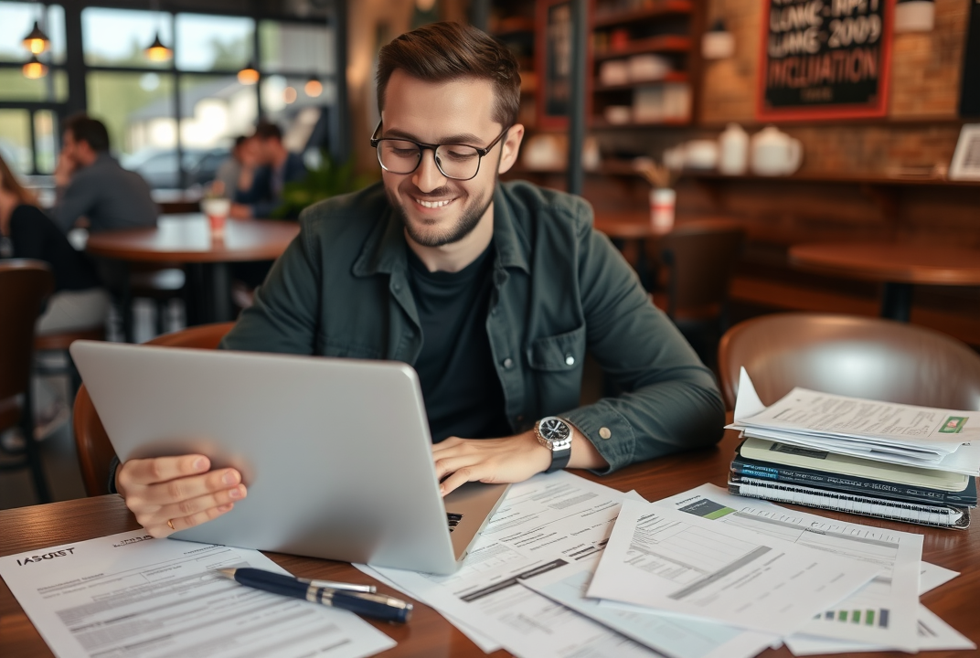 A freelancer sitting with a laptop, surrounded by tax forms and financial documents, in a coffee shop setting.