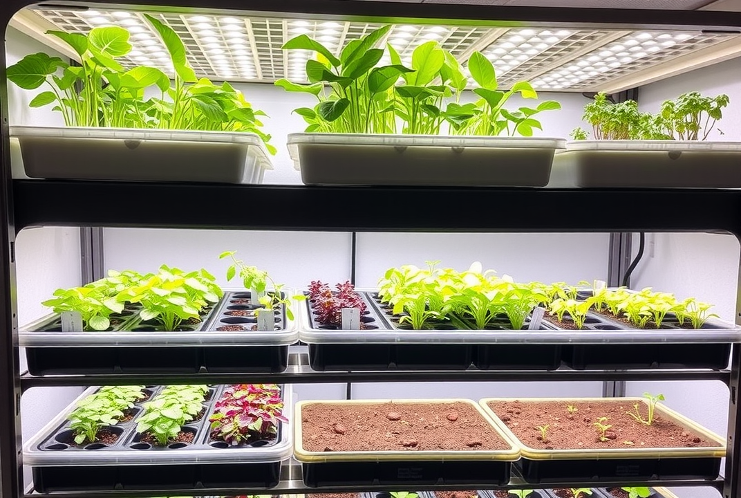 Vertical farming setup with stacked trays and LED lights