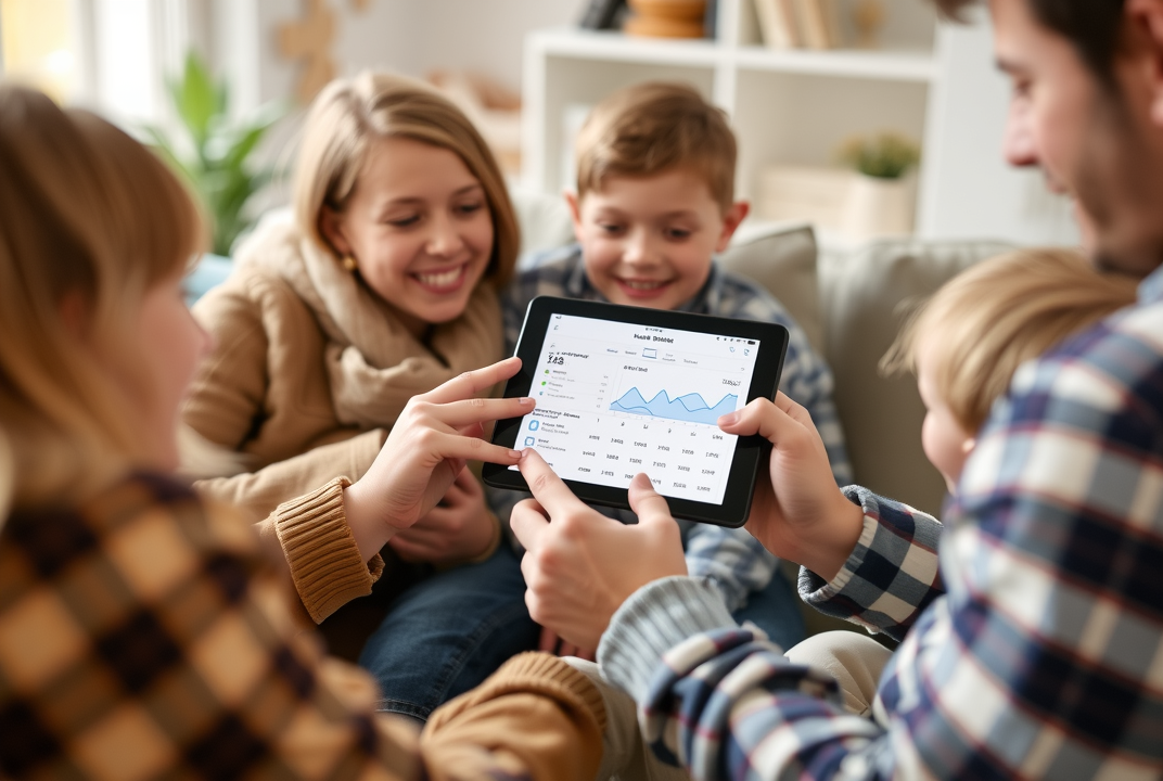 Family using a budget app on a tablet