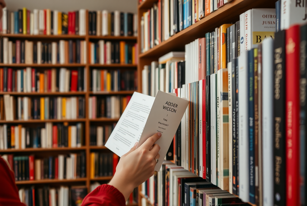 Person selecting books from a diverse library, representing the choice of niche