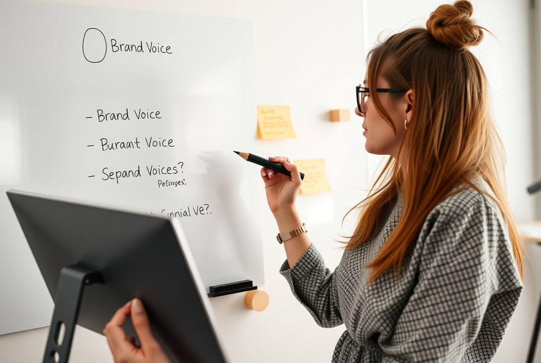 woman designing brand voice strategies on whiteboard