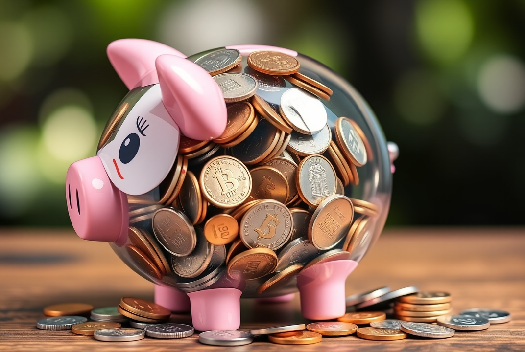 Piggy bank overflowing with coins representing savings and investments