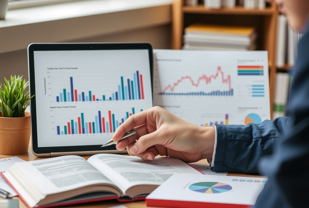 A person studying financial books with graphs