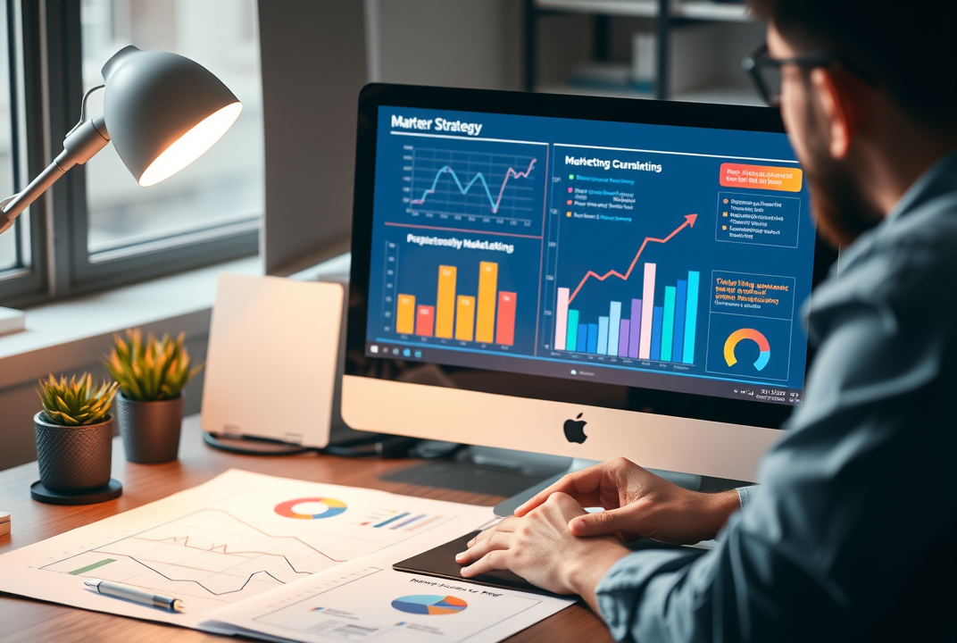 Marketer planning strategy with charts and computer, illustrating digital marketing efforts