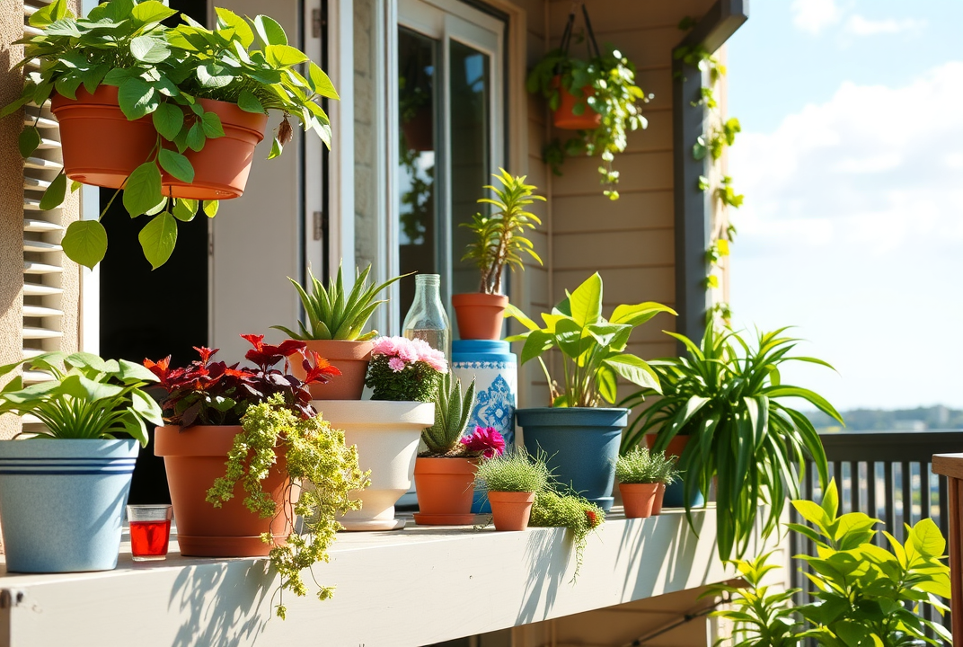 sunny balcony with various plants