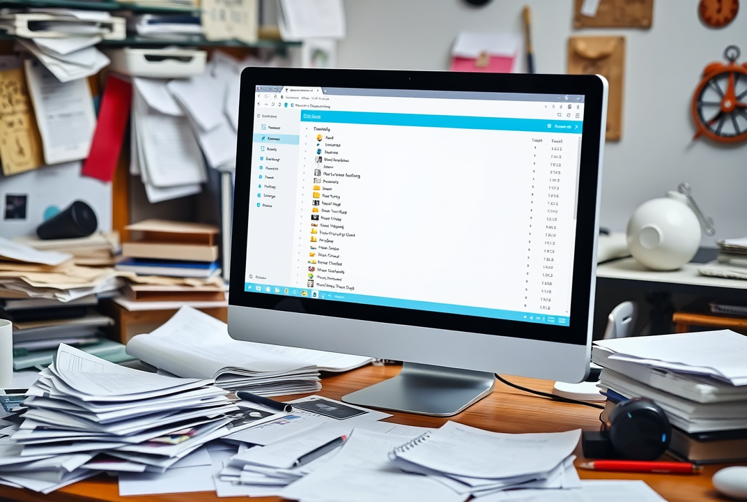 A busy workspace with overflowing papers and a computer screen showing a clean, organized digital file system.
