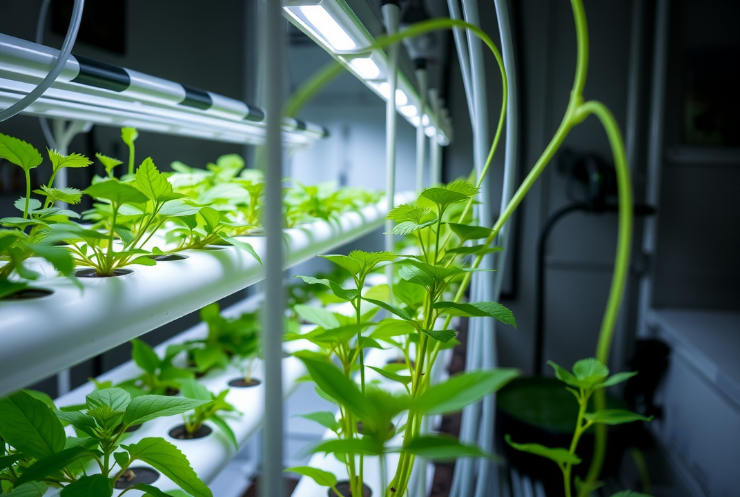 Hydroponics setup with tubes and green plants