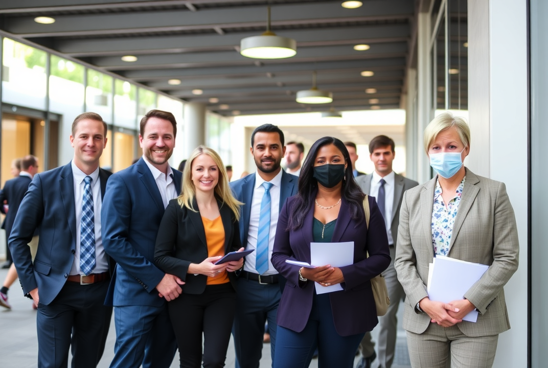Business district with diverse professionals heading to a notary session