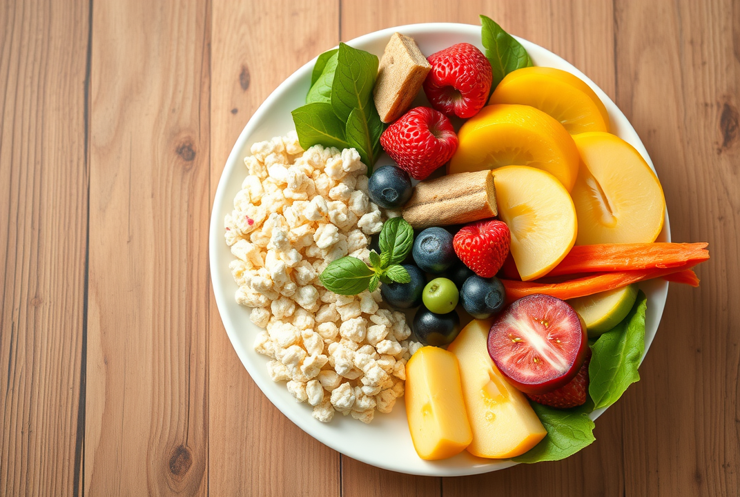 A plate of fiber-rich foods including fruits and vegetables