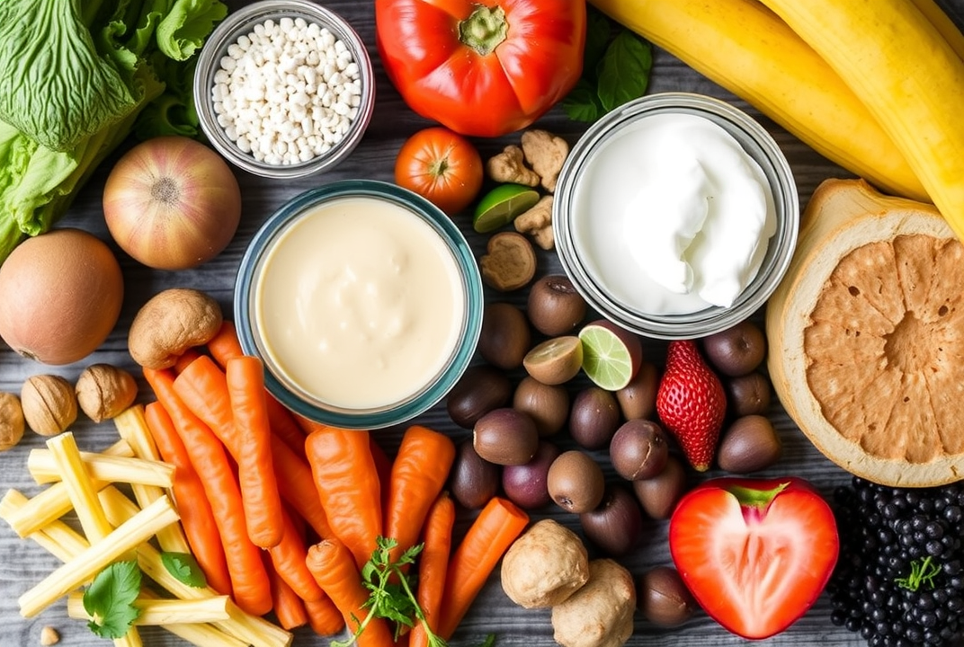 Variety of high-fiber foods and probiotics