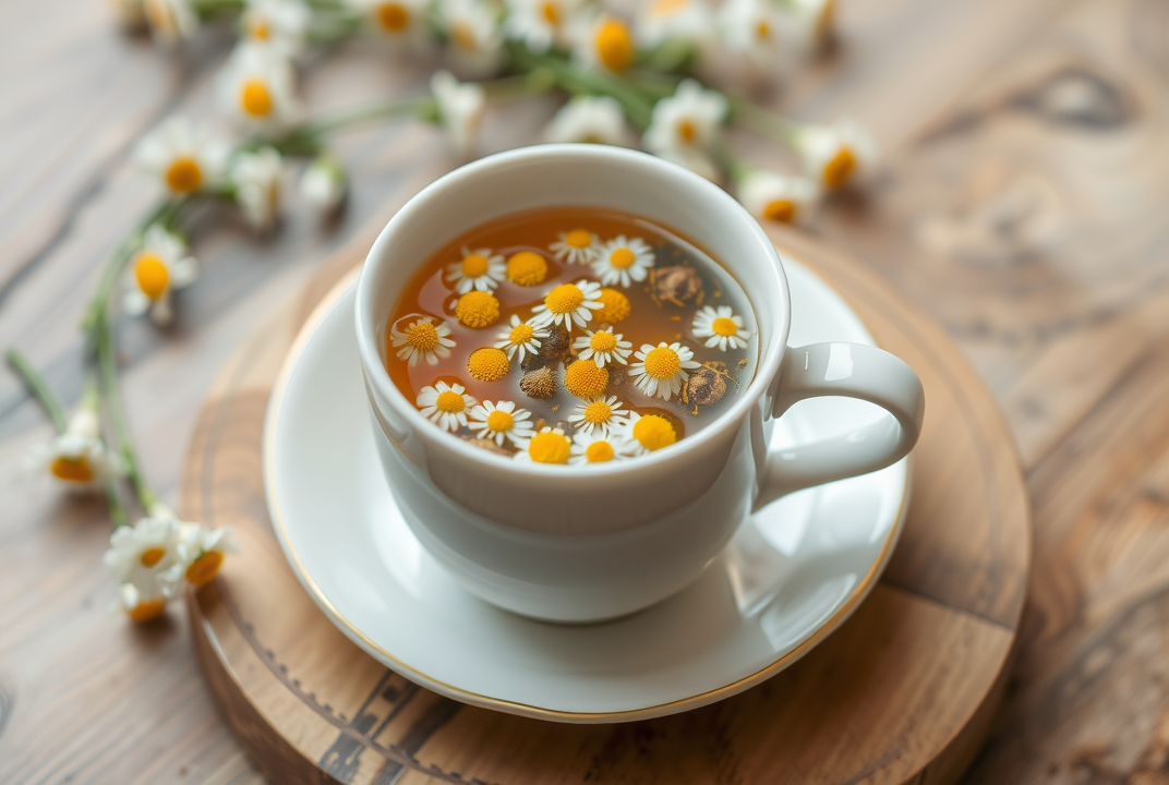 Cup of steaming herbal tea with chamomile flowers