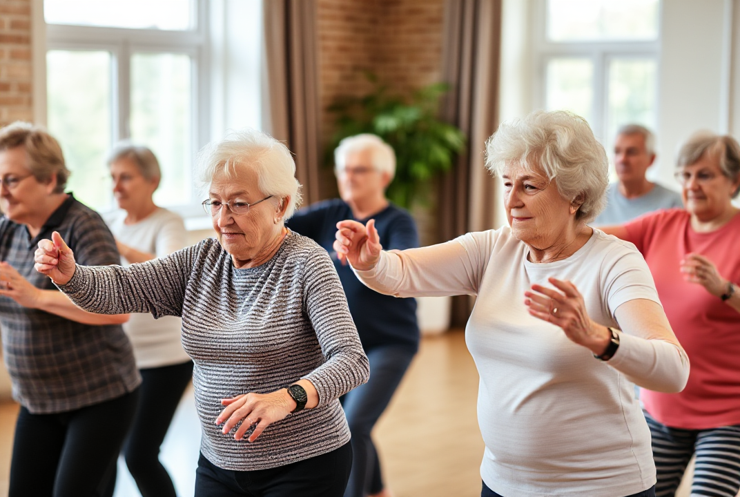 elderly people engaged in a group exercise class