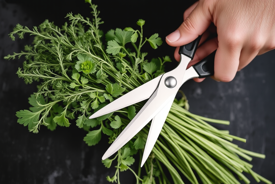 freshly harvested herbs with kitchen scissors