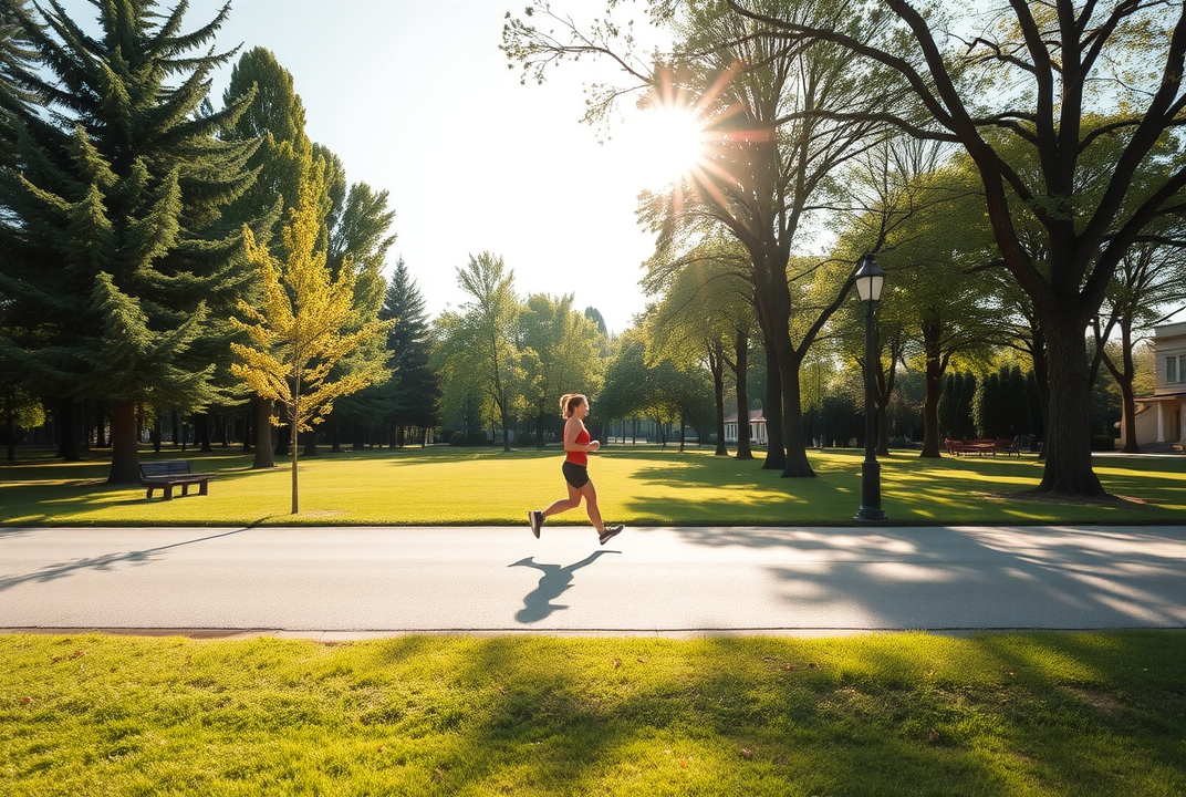 person jogging in a park with bright sunlight