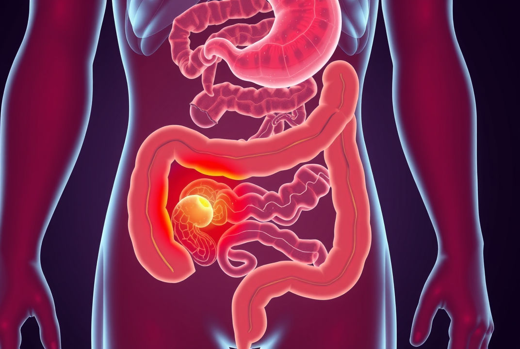 diagram of digestive tract highlighting inflamed diverticula