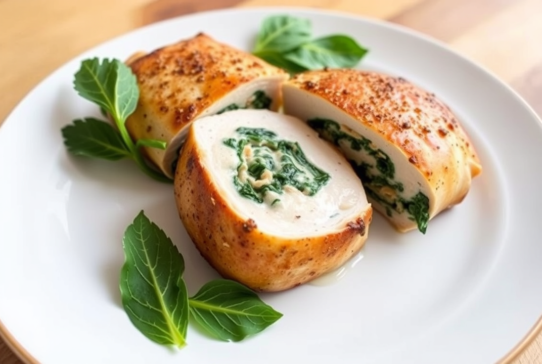 Spinach stuffed chicken breast cut open on a plate