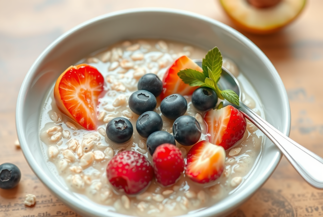 A bowl of oat porridge with fresh fruits