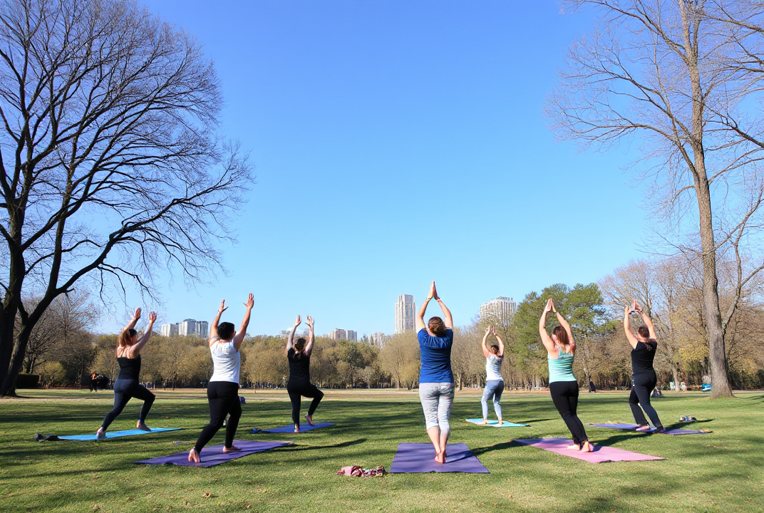 Group practicing yoga in park