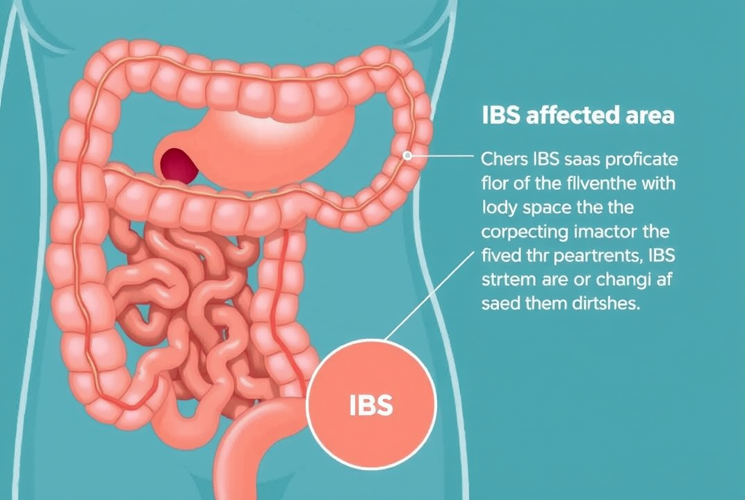 Diagram showing digestive system with focus on IBS affected area