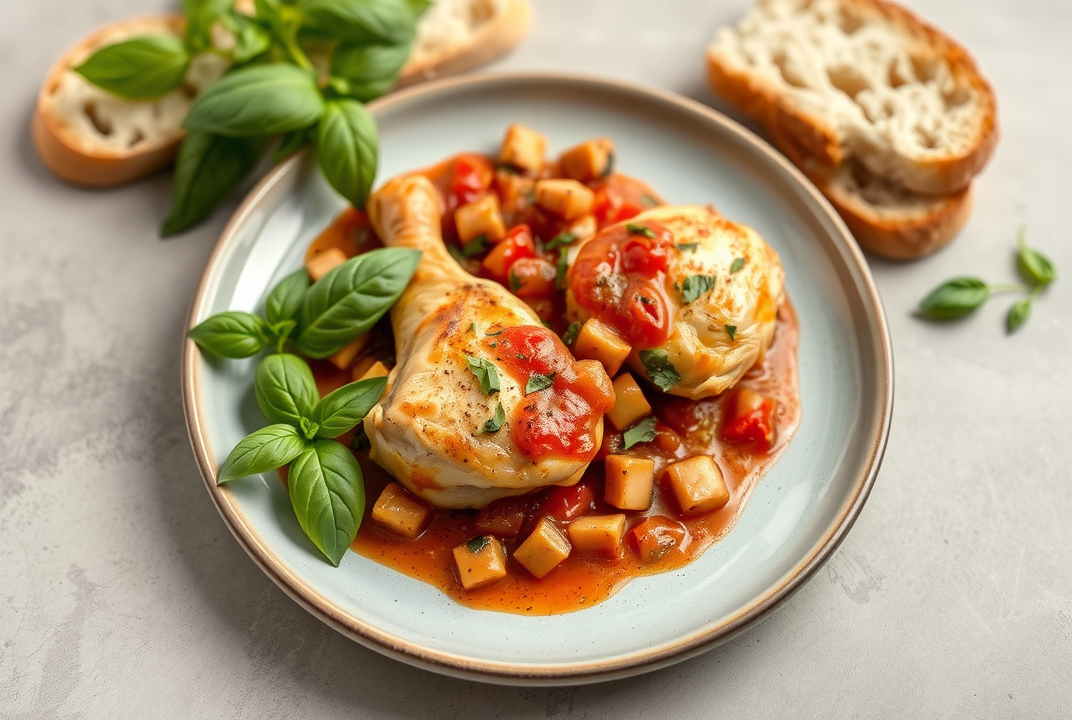 Plate of chicken cacciatore with bread and basil