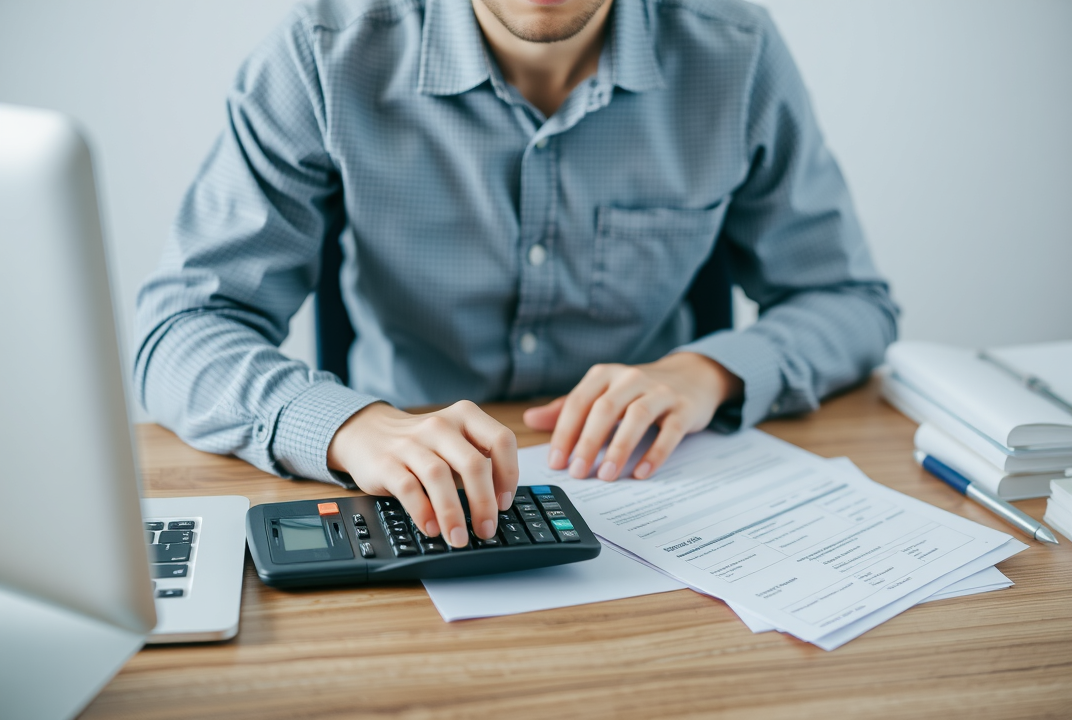 A single person at a desk with a calculator and paperwork, representing sole proprietorship