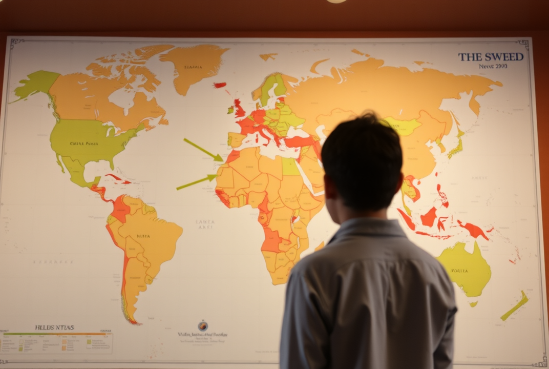 person looking at a world map with arrows pointing to various locations