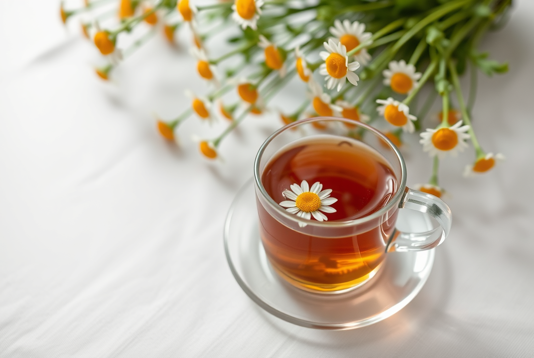 Cup of chamomile tea on a table