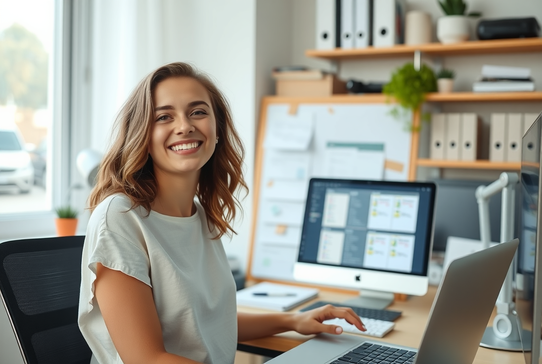 A joyful young woman at her home workspace, looking relaxed in front of an organized digital document system.