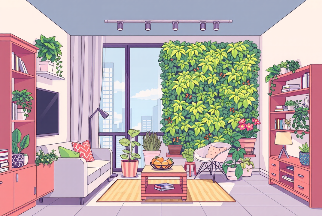 illustration of an urban apartment with a vertical garden wall