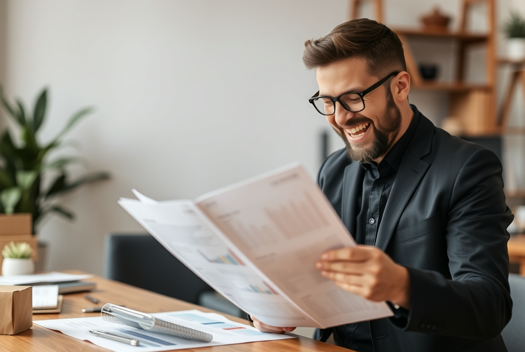 excited business owner reviewing financial documents