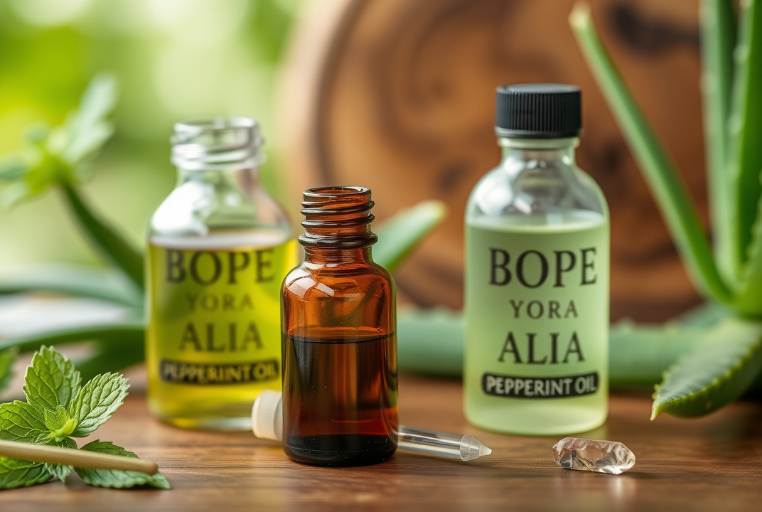 Bottles of peppermint oil and aloe vera juice