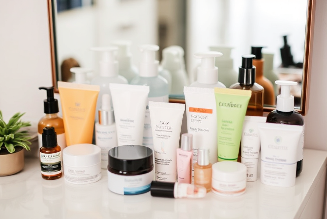 A variety of skincare bottles and tubes neatly arranged on a vanity table