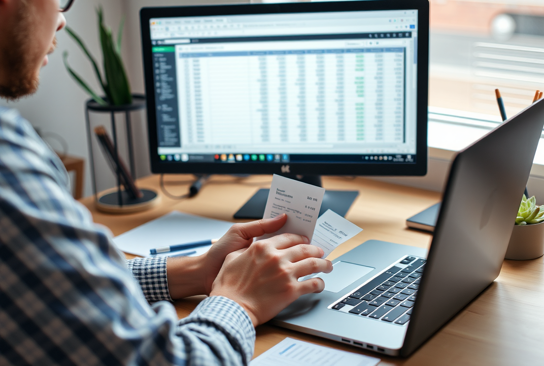 a freelancer organizing receipts with a digital spreadsheet on screen
